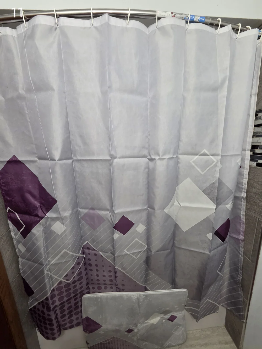 Geometric Purple and Gray Shower Curtain And Memory Foam Mat Set